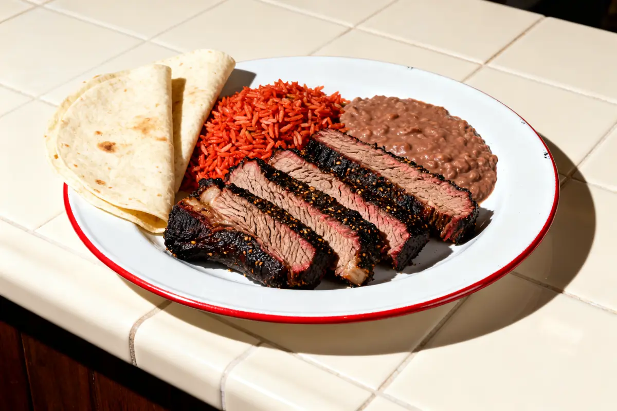 Sliced brisket with red rice, refried beans and flour tortillas on an enamel plate.