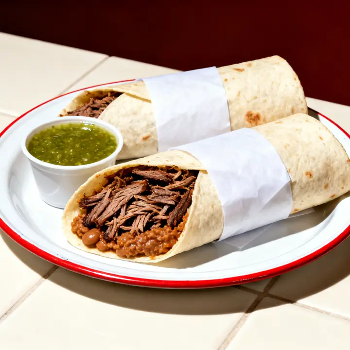 Two flour tortilla burritos, one cut open to show brisket and beans, with green salsa.