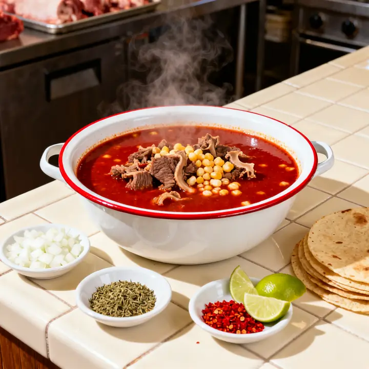 A steaming bowl of red menudo with onion, oregano, chile, lime and corn tortillas.