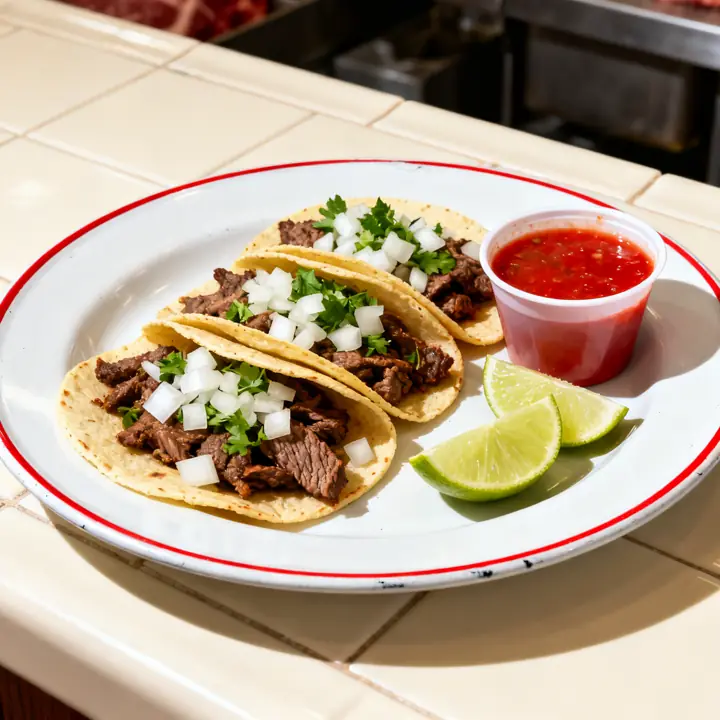 Three steak tacos with onion, cilantro, lime and red salsa.