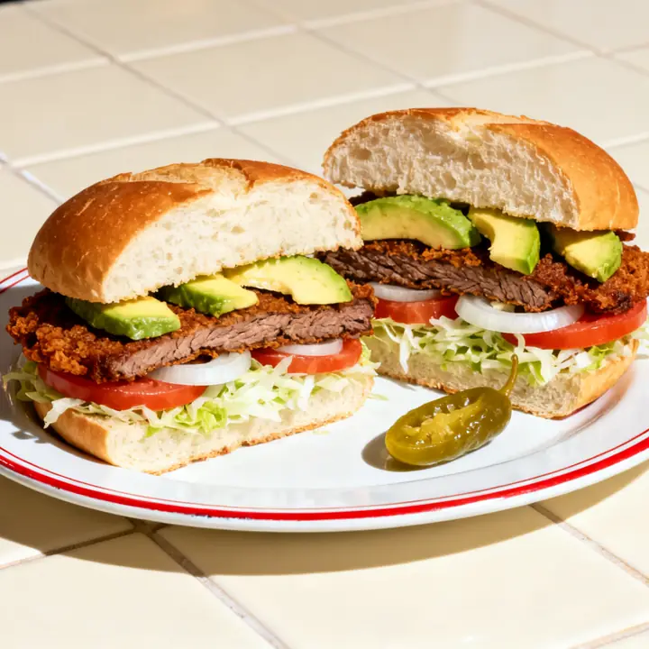 A milanesa torta on a toasted bolillo with avocado, tomato, onion and lettuce.
